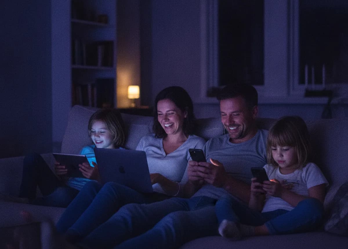 Family at home with phones, a tablet and a laptop